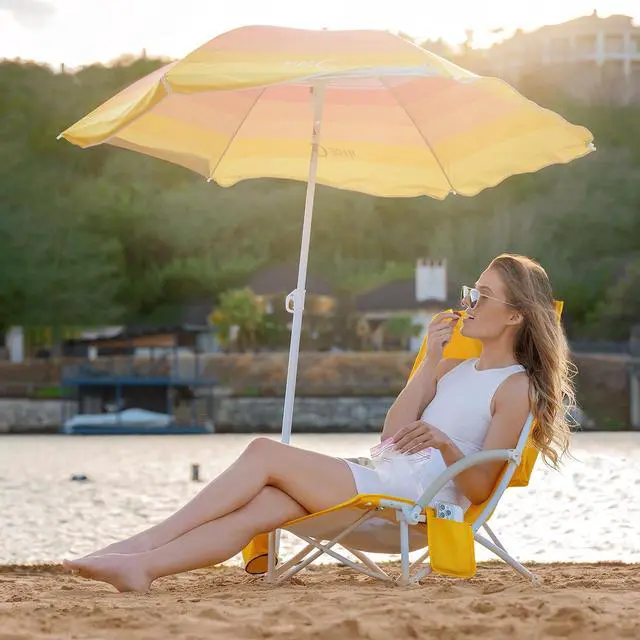 Alt view image 2 of 7 - Beach Chair, Beach Chairs for Adults with Umbrella and Cooler, High Back, Cup Holder & Carry Bag & Heavy Duty Compact Outdoor, Camping (Set of Yellow)