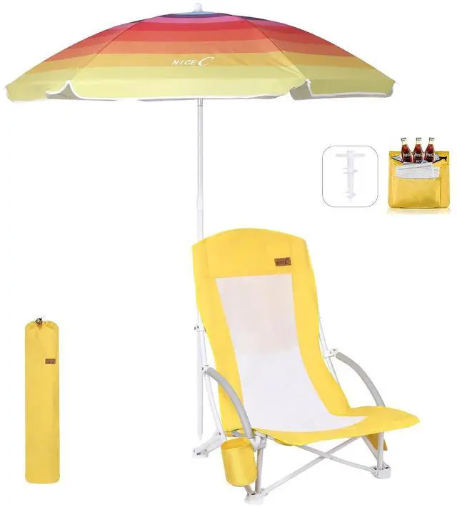 Main image of Beach Chair, Sand Chair, Lake Chairs for Adults with Umbrella and Cooler, Low Beach Chairs High Back, Cup Holder & Carry Bag & Heavy Duty Compact Outdoor, Camping (One Yellow)