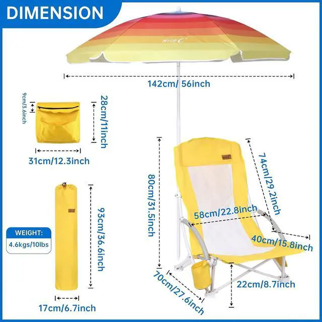 Alt view image 3 of 7 - Beach Chair, Beach Chairs for Adults with Umbrella and Cooler, High Back, Cup Holder & Carry Bag & Heavy Duty Compact Outdoor, Camping (Set of Yellow)