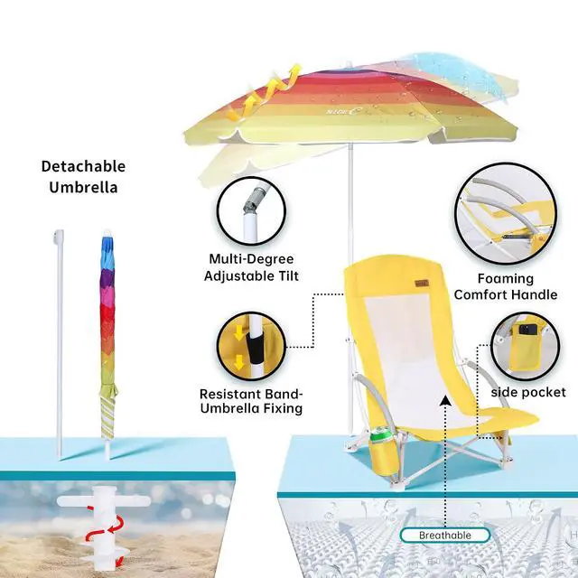 Alt view image 4 of 7 - Beach Chair, Beach Chairs for Adults with Umbrella and Cooler, High Back, Cup Holder & Carry Bag & Heavy Duty Compact Outdoor, Camping (Set of Yellow)