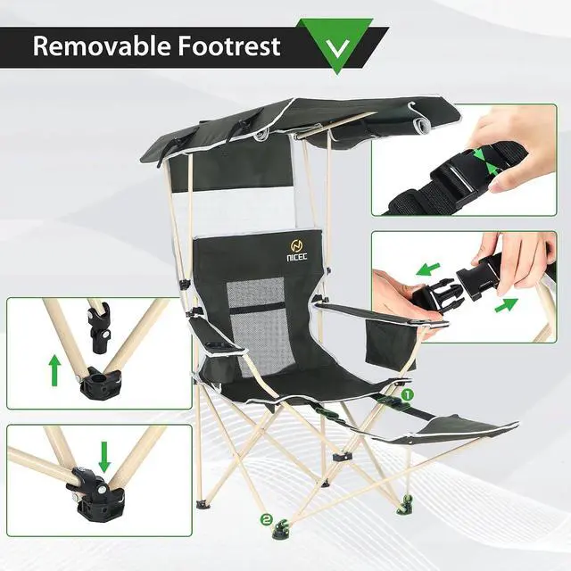 Alt view image 5 of 7 - Chair with Canopy, Umbrella Chairs for Adults, Sports Chair with Shades, with Removable Footrest, Cooler Bag, Cup Holder for Camping, Fishing, Sports, Soccer, Beach (1Pack Green)