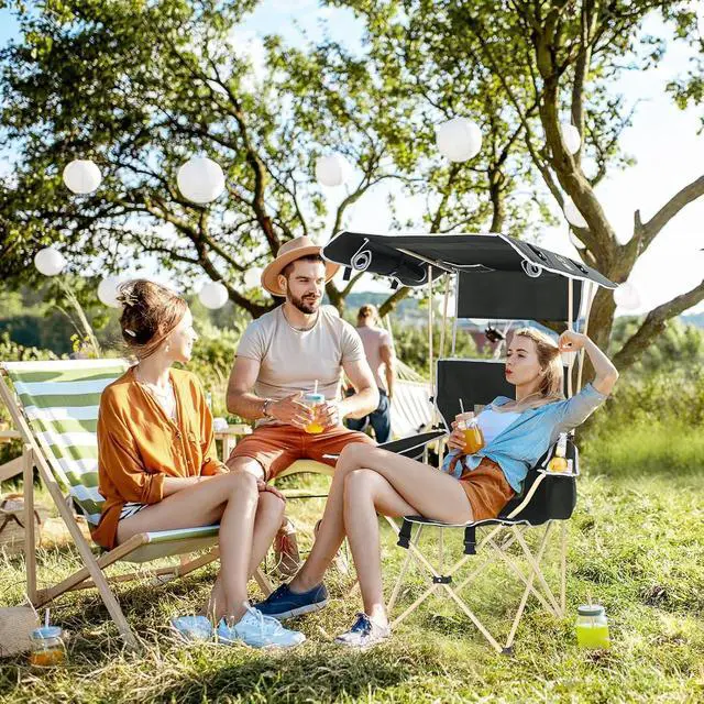 Alt view image 2 of 7 - Double Padded Camping Chair, with Cup Holder, Cooler Bag, Bottle Opener Chair with Canopy, Removable Footrest, Cooler Bag, Cup Holder