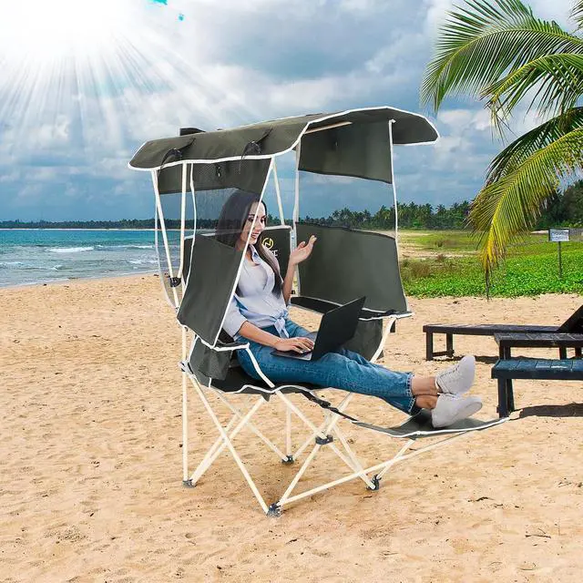Alt view image 5 of 7 - Double Padded Camping Chair, with Cup Holder, Cooler Bag, Bottle Opener Chair with Canopy, Removable Footrest, Cooler Bag, Cup Holder