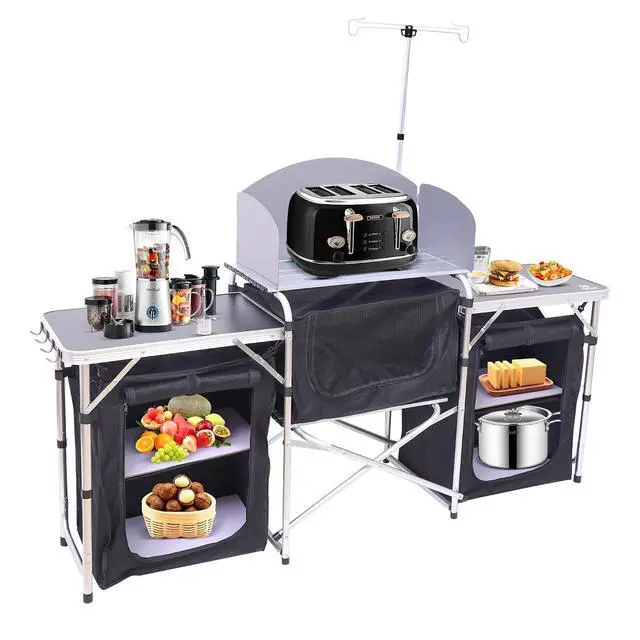 Alt view image 4 of 7 - Portable Aluminum Lightweight Roll-up Top Indoor&Outdoor Table Camping Kitchen Table, Upgrade Light Stand and Windshield Cooking Station