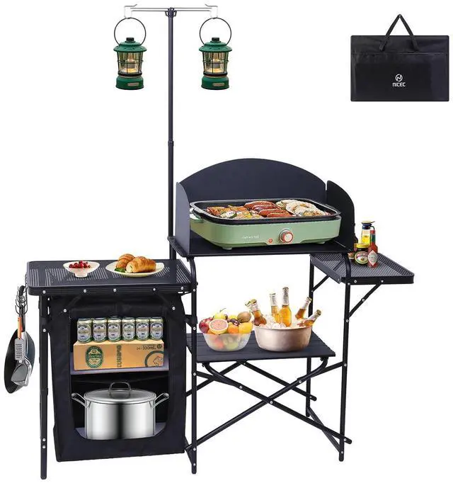 Main image of Camping Kitchen Station, Picnic Portable Grill Table, Folding Cook Station Organizers, with Upgrade Light Stand, Windshield, Carry Bag for Outdoor, Beach, Picnic (Black)
