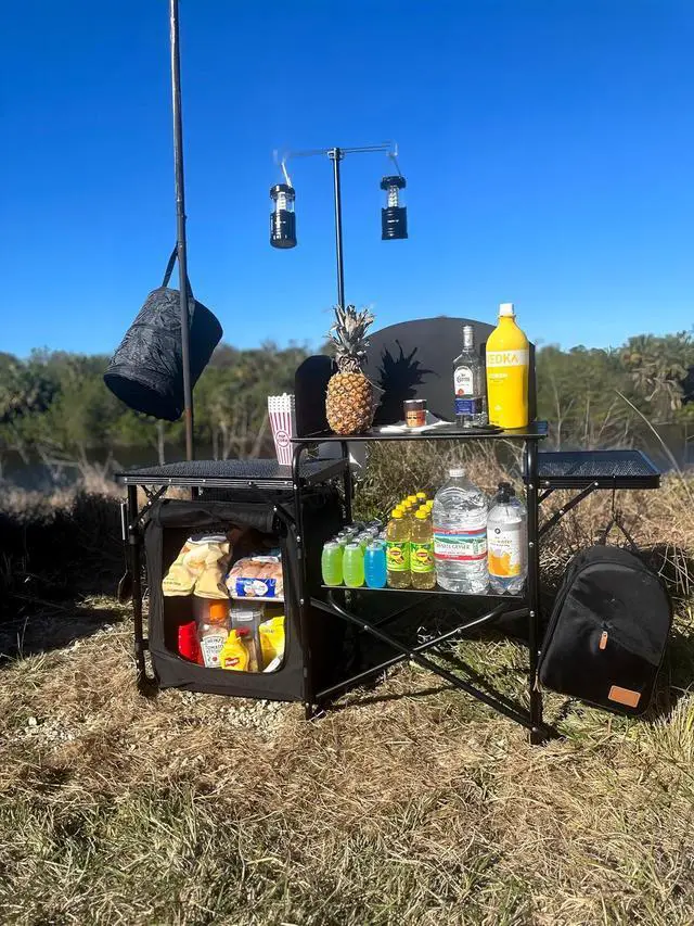 Alt view image 2 of 7 - Camping Kitchen Station, Picnic Portable Grill Table, Folding Cook Station Organizers, with Upgrade Light Stand, Windshield, Carry Bag for Outdoor, Beach, Picnic (Black)