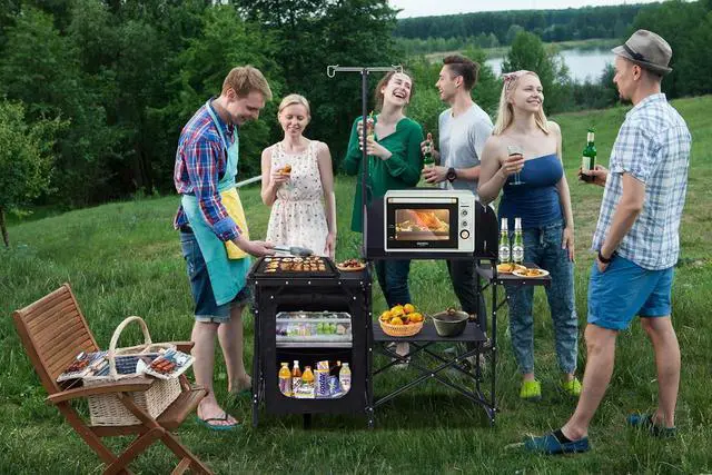 Alt view image 5 of 7 - Camping Kitchen Station, Picnic Portable Grill Table, Folding Cook Station Organizers, with Upgrade Light Stand, Windshield, Carry Bag for Outdoor, Beach, Picnic (Black)