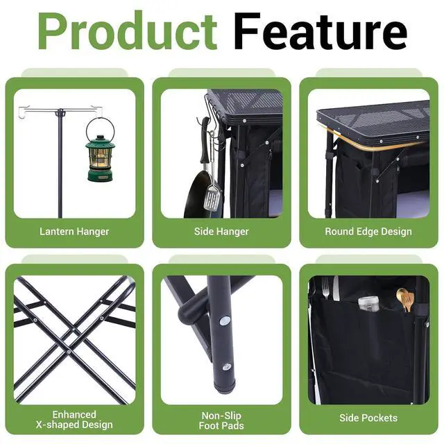 Alt view image 7 of 7 - Camping Kitchen Station, Picnic Portable Grill Table, Folding Cook Station Organizers, with Upgrade Light Stand, Windshield, Carry Bag for Outdoor, Beach, Picnic (Black)