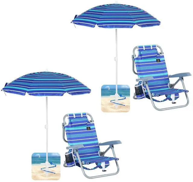 Main image of Toddler Beach Chair, Kids Beach Chair with Umbrella, Backpack Beach Folding Chairs, Backpack Camping Chairs, 5-Position Reclining, with Cup Holder, for Beach, Camping, Picnic (2 Pack)