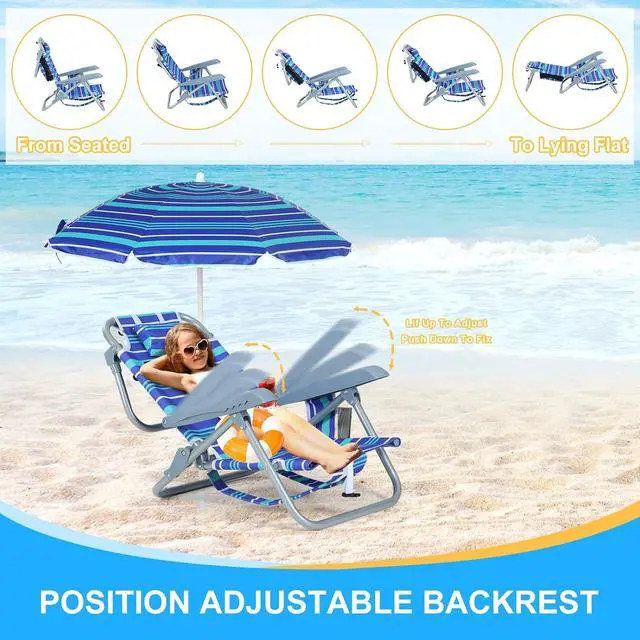 Alt view image 2 of 7 - Toddler Beach Chair, Kids Beach Chair with Umbrella, Backpack Beach Folding Chairs, Backpack Camping Chairs, 5-Position Reclining, with Cup Holder, for Beach, Camping, Picnic (2 Pack)