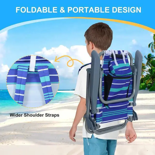 Alt view image 4 of 7 - Toddler Beach Chair, Kids Beach Chair with Umbrella, Backpack Beach Folding Chairs, Backpack Camping Chairs, 5-Position Reclining, with Cup Holder, for Beach, Camping, Picnic (2 Pack)