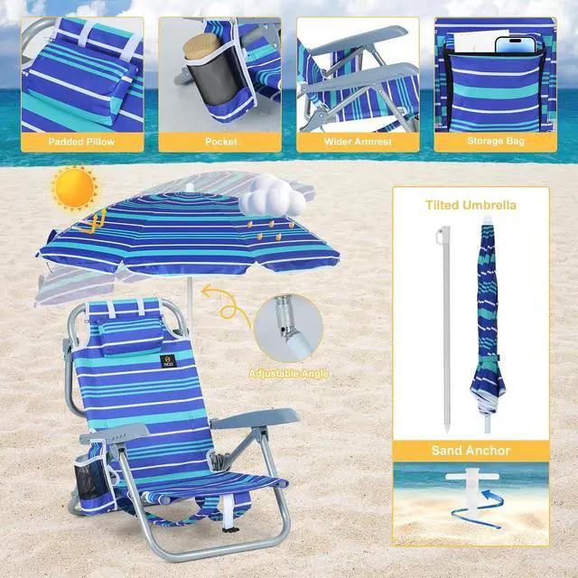 Alt view image 5 of 7 - Toddler Beach Chair, Kids Beach Chair with Umbrella, Backpack Beach Folding Chairs, Backpack Camping Chairs, 5-Position Reclining, with Cup Holder, for Beach, Camping, Picnic (2 Pack)