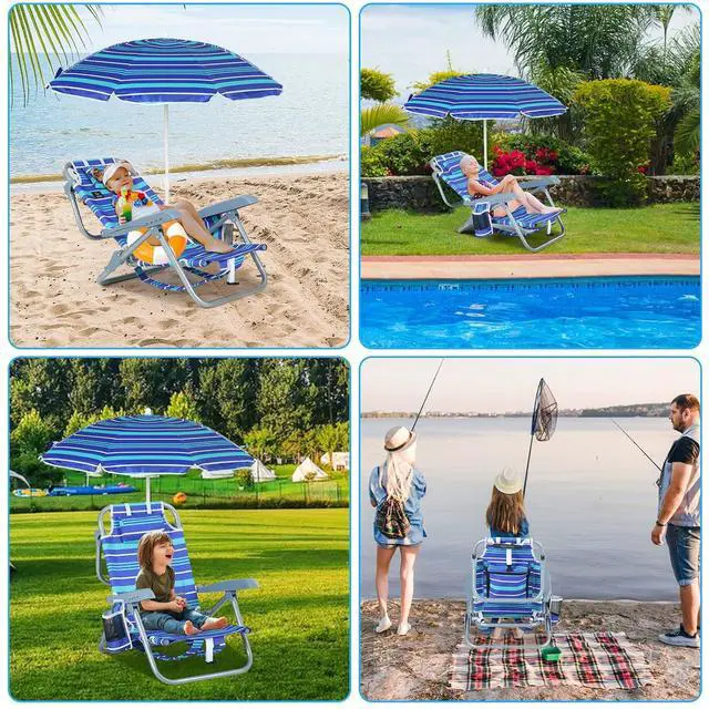 Alt view image 7 of 7 - Toddler Beach Chair, Kids Beach Chair with Umbrella, Backpack Beach Folding Chairs, Backpack Camping Chairs, 5-Position Reclining, with Cup Holder, for Beach, Camping, Picnic (2 Pack)