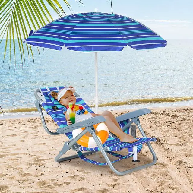 Alt view image 6 of 7 - Toddler Beach Chair, Kids Beach Chair with Umbrella, Backpack Beach Folding Chairs, Backpack Camping Chairs, 5-Position Reclining, with Cup Holder, for Beach, Camping, Picnic (2 Pack)