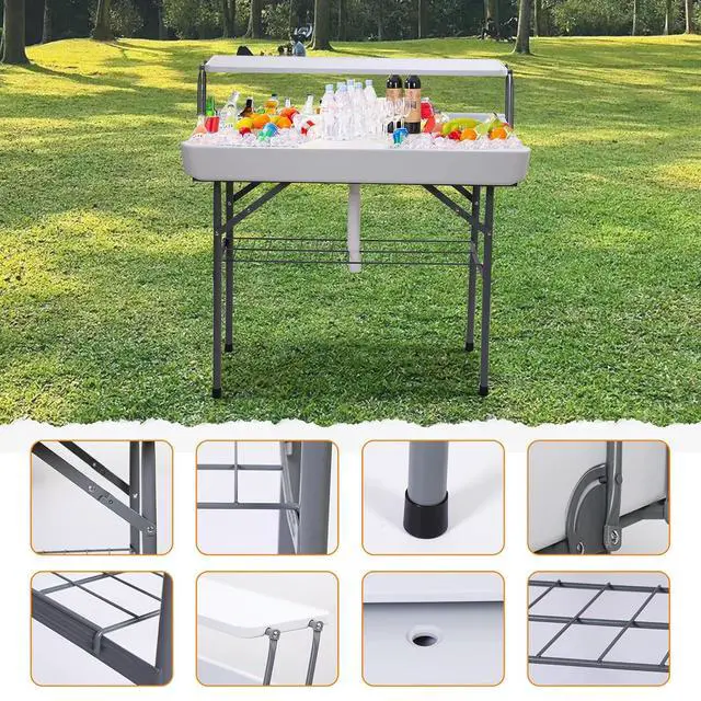 Alt view image 4 of 6 - 4 ft Folding Ice Cooler Table, Party Cooler, Grazing Table, Tables with Drain, Bar Cooler Tables, with Matching Skirt, Storage Shelf (White)