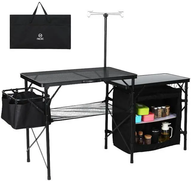 Main image of Camping Kitchen Table, Portable Folding Camp Cook Station, Grill Table Compatible with Blackstone Griddles, Storage Organizer, with Light Pole, for Outdoor, Picnic, Beach, RV Traveling (Black)