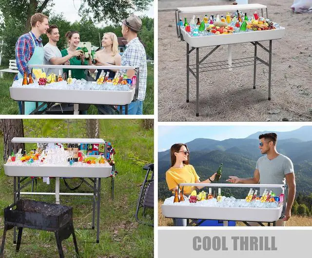 Alt view image 6 of 6 - 4 ft Folding Ice Cooler Table, Party Cooler, Grazing Table, Tables with Drain, Bar Cooler Tables, with Matching Skirt, Storage Shelf (White)