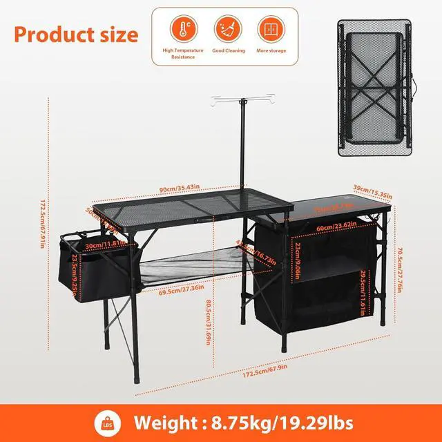 Alt view image 3 of 7 - Camping Kitchen Table, Portable Folding Camp Cook Station, Grill Table Compatible with Blackstone Griddles, Storage Organizer, with Light Pole, for Outdoor, Picnic, Beach, RV Traveling (Black)