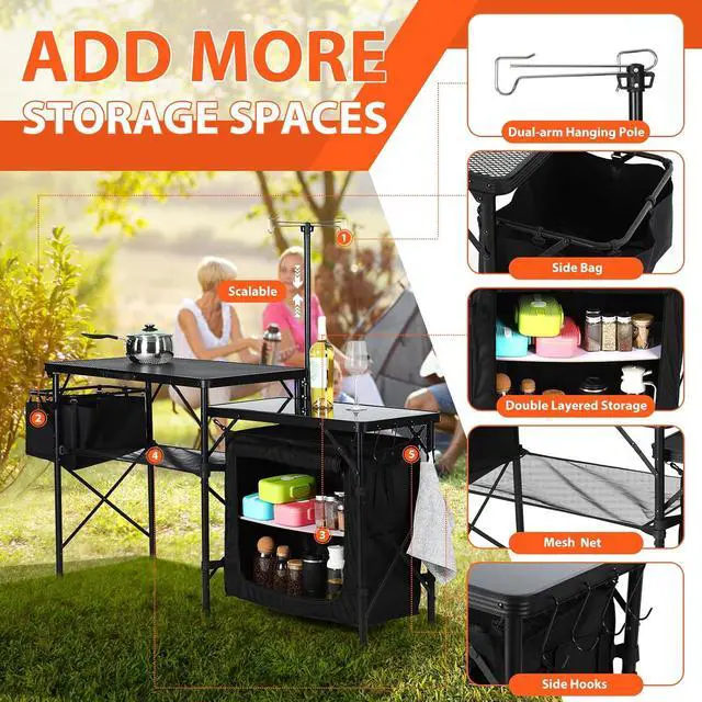 Alt view image 4 of 7 - Camping Kitchen Table, Portable Folding Camp Cook Station, Grill Table Compatible with Blackstone Griddles, Storage Organizer, with Light Pole, for Outdoor, Picnic, Beach, RV Traveling (Black)