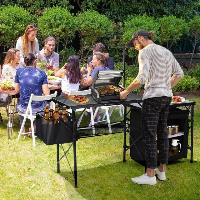 Alt view image 2 of 7 - Camping Kitchen Table, Portable Folding Camp Cook Station, Grill Table Compatible with Blackstone Griddles, Storage Organizer, with Light Pole, for Outdoor, Picnic, Beach, RV Traveling (Black)
