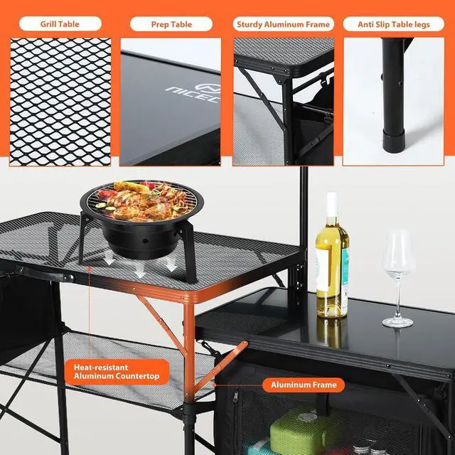 Alt view image 5 of 7 - Camping Kitchen Table, Portable Folding Camp Cook Station, Grill Table Compatible with Blackstone Griddles, Storage Organizer, with Light Pole, for Outdoor, Picnic, Beach, RV Traveling (Black)