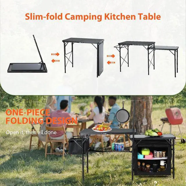 Alt view image 6 of 7 - Camping Kitchen Table, Portable Folding Camp Cook Station, Grill Table Compatible with Blackstone Griddles, Storage Organizer, with Light Pole, for Outdoor, Picnic, Beach, RV Traveling (Black)