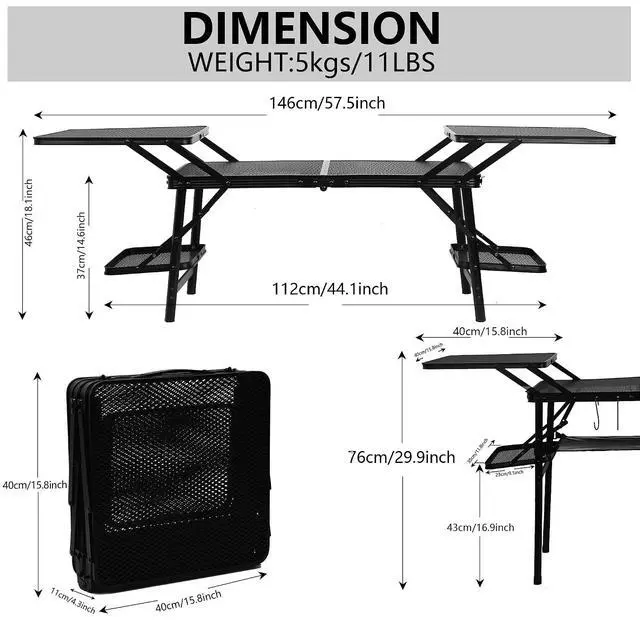Alt view image 2 of 7 - Camping Table, Compact Folding Tailgate Grill Table, Outdoor Metal Tables, Fold Up Lightweight with 4 Side Tables & Mesh Net for BBQ, Camping, Picnic