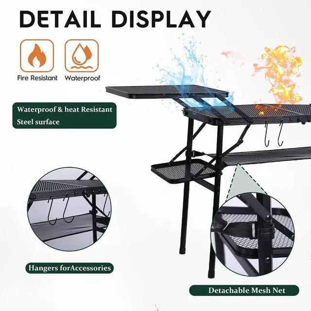 Alt view image 3 of 7 - Camping Table, Compact Folding Tailgate Grill Table, Outdoor Metal Tables, Fold Up Lightweight with 4 Side Tables & Mesh Net for BBQ, Camping, Picnic