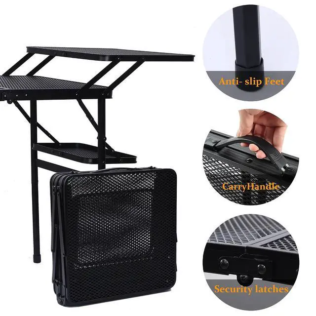 Alt view image 4 of 7 - Camping Table, Compact Folding Tailgate Grill Table, Outdoor Metal Tables, Fold Up Lightweight with 4 Side Tables & Mesh Net for BBQ, Camping, Picnic