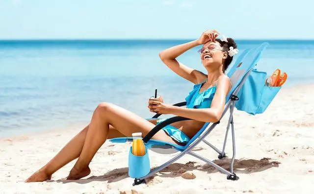 Alt view image 2 of 7 - Beach Chair, Sling Sand River Chairs for Adults, Sillas De Playa, Beach Seat with Cooler High Back, Cup Holder & Carry Bag, Outdoor, Camping, Beach, Travel, Picnic, Festival (Set of 2 Blue)