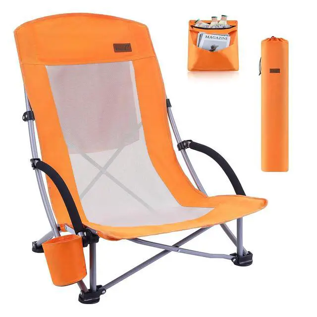 Alt view image 6 of 7 - Beach Chair, Beach Chairs for Adults w/Cooler Compact High Back, Cup Holder & Carry Bag 1-P Orange + Camping Table, Folding Table, Grill Table, Folding Camping Table, Outdoor Table with 4 Side Tables