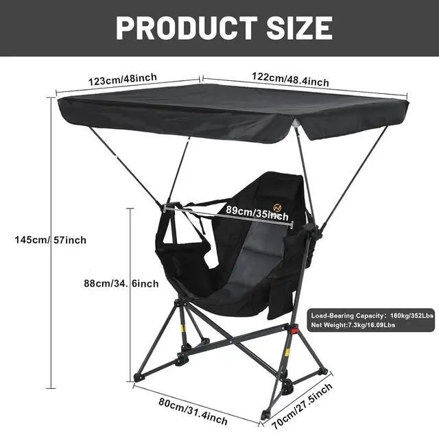 Alt view image 2 of 6 - Hammock Camping Chair with Canopy, Portable Swinging Camping Chair with Shade, Outdoor Folding Swinging Umbrella Chairs, Rocking Camping Chairs, with Adjustable Canopy, Cup Holder (1 Pack)