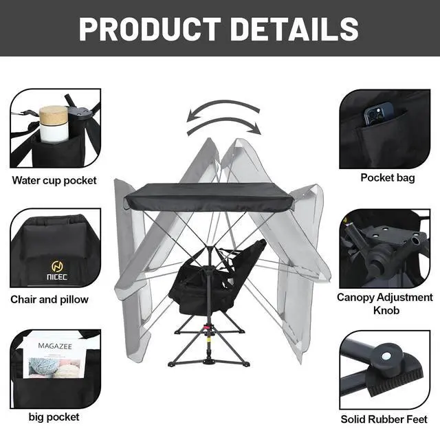 Alt view image 3 of 6 - Hammock Camping Chair with Canopy, Portable Swinging Camping Chair with Shade, Outdoor Folding Swinging Umbrella Chairs, Rocking Camping Chairs, with Adjustable Canopy, Cup Holder (1 Pack)