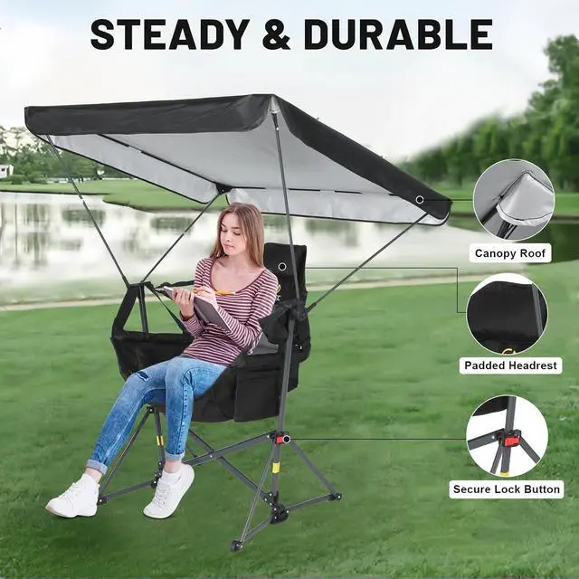 Alt view image 4 of 6 - Hammock Camping Chair with Canopy, Portable Swinging Camping Chair with Shade, Outdoor Folding Swinging Umbrella Chairs, Rocking Camping Chairs, with Adjustable Canopy, Cup Holder (1 Pack)