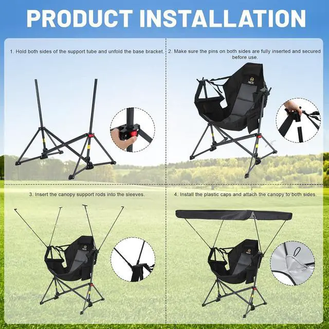Alt view image 5 of 6 - Hammock Camping Chair with Canopy, Portable Swinging Camping Chair with Shade, Outdoor Folding Swinging Umbrella Chairs, Rocking Camping Chairs, with Adjustable Canopy, Cup Holder (1 Pack)