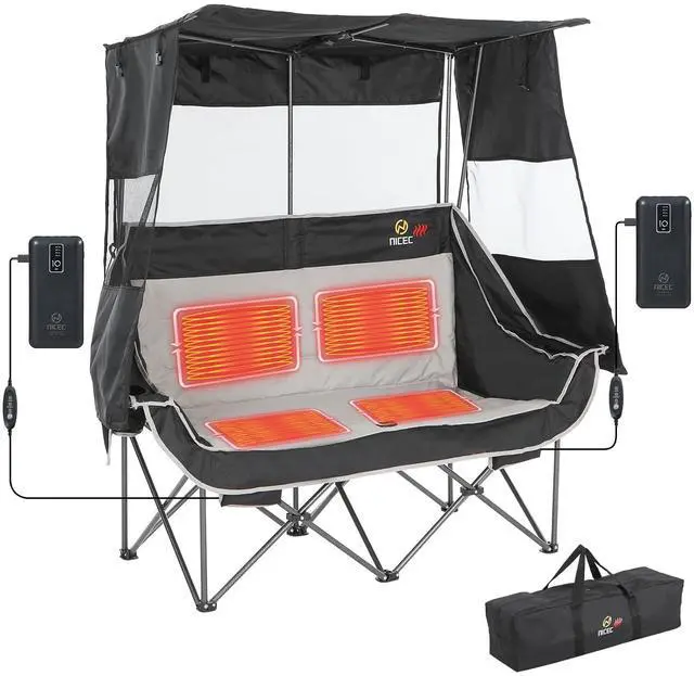 Main image of Heated Double Camping Chair with Canopy, Heated Outdoor Sports Folding Bench with Battery, Portable Padded Umbrella Chairs, Couch with Shade, Cup Holder, Cooler Bag, Loveseat For Lawn, Outdoors