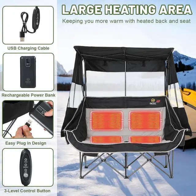 Alt view image 3 of 7 - Heated Double Camping Chair with Canopy, Heated Outdoor Sports Folding Bench with Battery, Portable Padded Umbrella Chairs, Couch with Shade, Cup Holder, Cooler Bag, Loveseat For Lawn, Outdoors