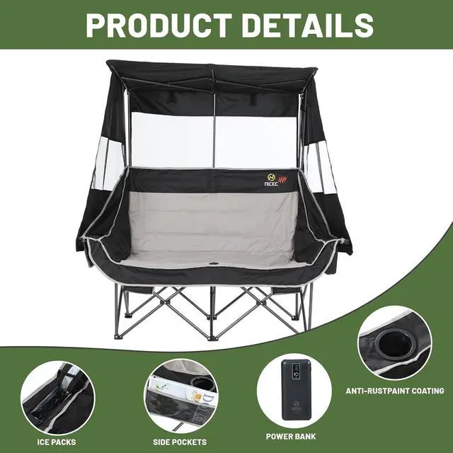 Alt view image 4 of 7 - Heated Double Camping Chair with Canopy, Heated Outdoor Sports Folding Bench with Battery, Portable Padded Umbrella Chairs, Couch with Shade, Cup Holder, Cooler Bag, Loveseat For Lawn, Outdoors