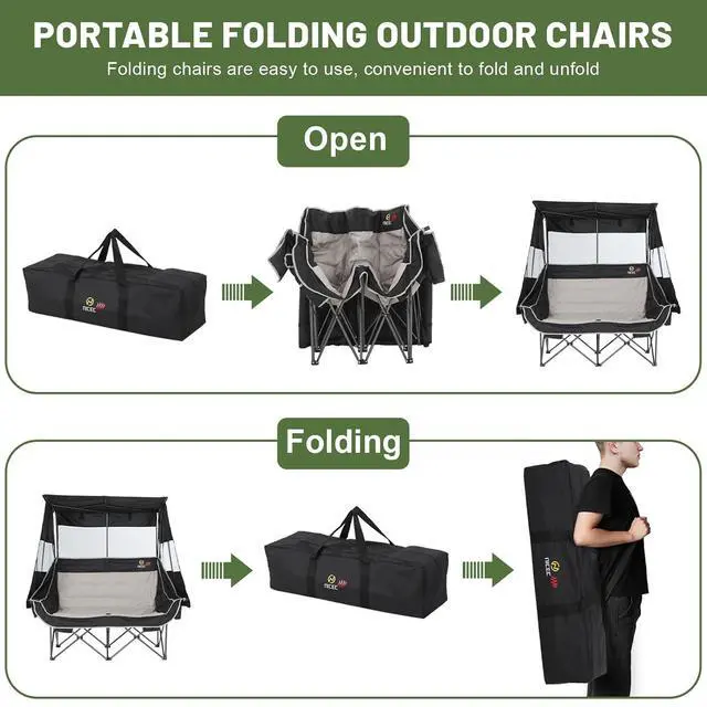 Alt view image 7 of 7 - Heated Double Camping Chair with Canopy, Heated Outdoor Sports Folding Bench with Battery, Portable Padded Umbrella Chairs, Couch with Shade, Cup Holder, Cooler Bag, Loveseat For Lawn, Outdoors