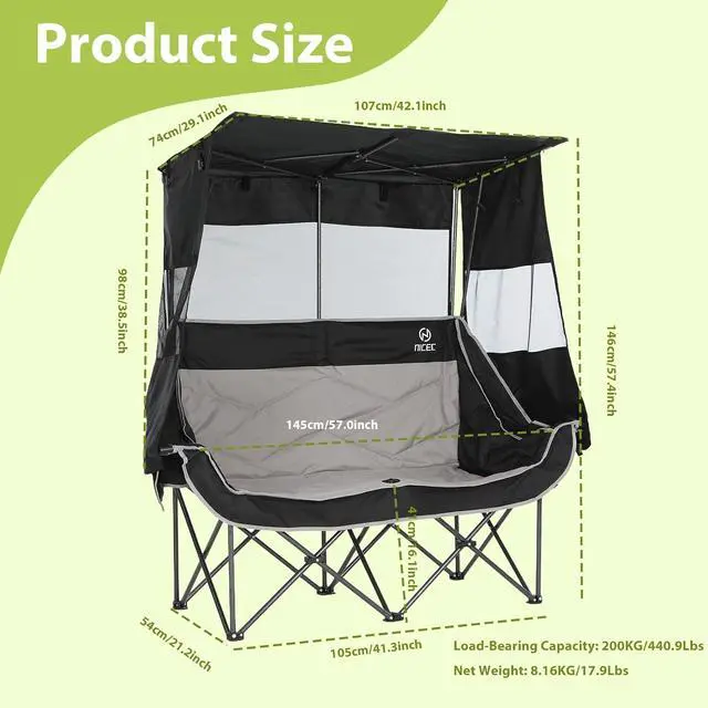 Alt view image 3 of 6 - Double Camping Chair with Canopy, Portable Shade Sports Folding Bench, Umbrella Chairs Camping Couch, Outdoor Loveseat with Cooler Bag, Cup Holders, For Beach, Lawn, Sports, Picnic (Black&Gray)