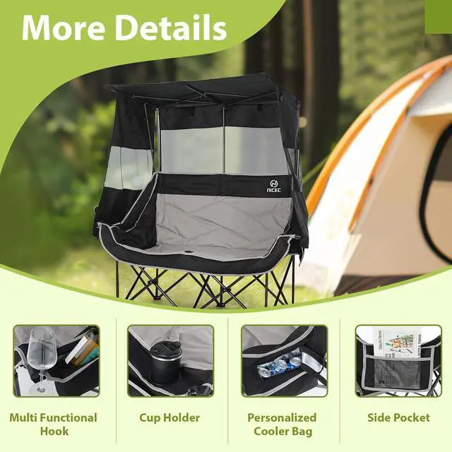 Alt view image 4 of 6 - Double Camping Chair with Canopy, Portable Shade Sports Folding Bench, Umbrella Chairs Camping Couch, Outdoor Loveseat with Cooler Bag, Cup Holders, For Beach, Lawn, Sports, Picnic (Black&Gray)
