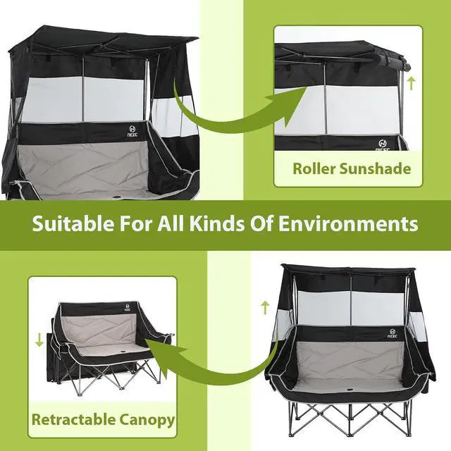 Alt view image 5 of 6 - Double Camping Chair with Canopy, Portable Shade Sports Folding Bench, Umbrella Chairs Camping Couch, Outdoor Loveseat with Cooler Bag, Cup Holders, For Beach, Lawn, Sports, Picnic (Black&Gray)