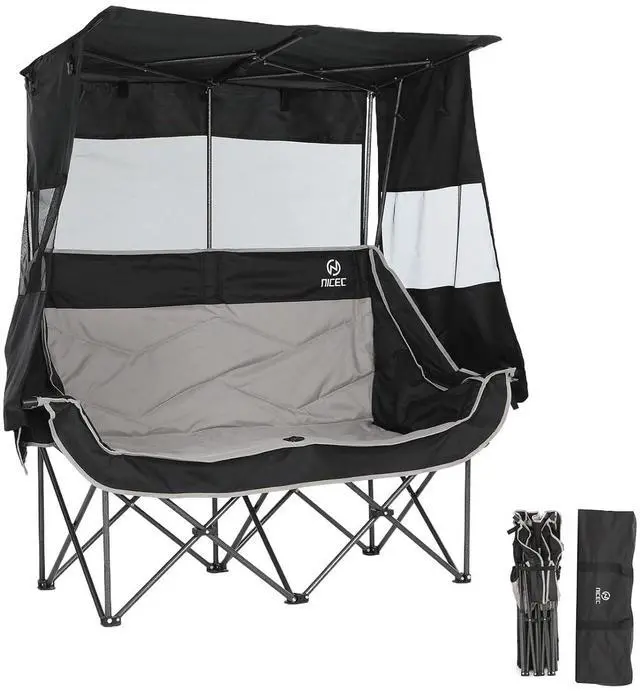 Main image of Double Camping Chair with Canopy, Portable Shade Sports Folding Bench, Umbrella Chairs Camping Couch, Outdoor Loveseat with Cooler Bag, Cup Holders, For Beach, Lawn, Sports, Picnic (Black&Gray)