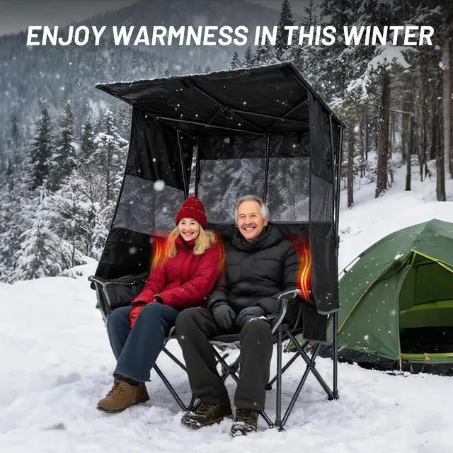 Alt view image 5 of 7 - Heated Double Camping Chair with Canopy, Heated Outdoor Sports Folding Bench with Battery, Portable Padded Umbrella Chairs, Couch with Shade, Cup Holder, Cooler Bag, Loveseat For Lawn, Outdoors