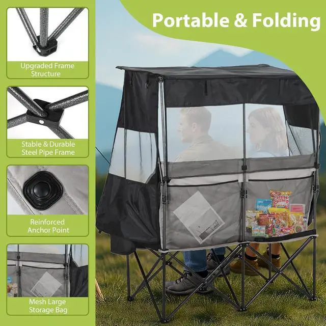 Alt view image 6 of 6 - Double Camping Chair with Canopy, Portable Shade Sports Folding Bench, Umbrella Chairs Camping Couch, Outdoor Loveseat with Cooler Bag, Cup Holders, For Beach, Lawn, Sports, Picnic (Black&Gray)