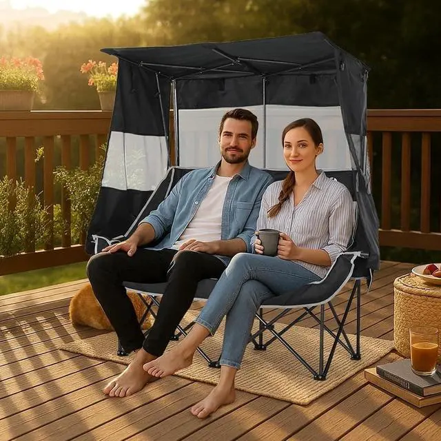 Alt view image 2 of 6 - Double Camping Chair with Canopy, Portable Shade Sports Folding Bench, Umbrella Chairs Camping Couch, Outdoor Loveseat with Cooler Bag, Cup Holders, For Beach, Lawn, Sports, Picnic (Black&Gray)