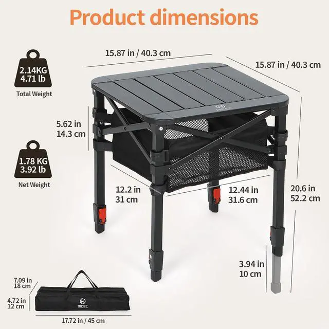 Alt view image 2 of 7 - Aluminum Square Side Table, Adjustable Height Folding Compact Camping Table, Lightweight Collapsible Table with Roll-up Tabletop, Carry Bag, for Outdoor, Picnic, backyards, BBQ (16'' Small)