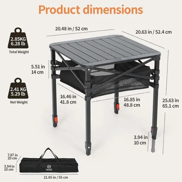 Alt view image 2 of 7 - Aluminum Square Side Table, Adjustable Height Folding Compact Camping Table, Lightweight Collapsible Table with Roll-up Tabletop, Carry Bag, for Outdoor, Picnic, backyards, BBQ (20'' Medium)