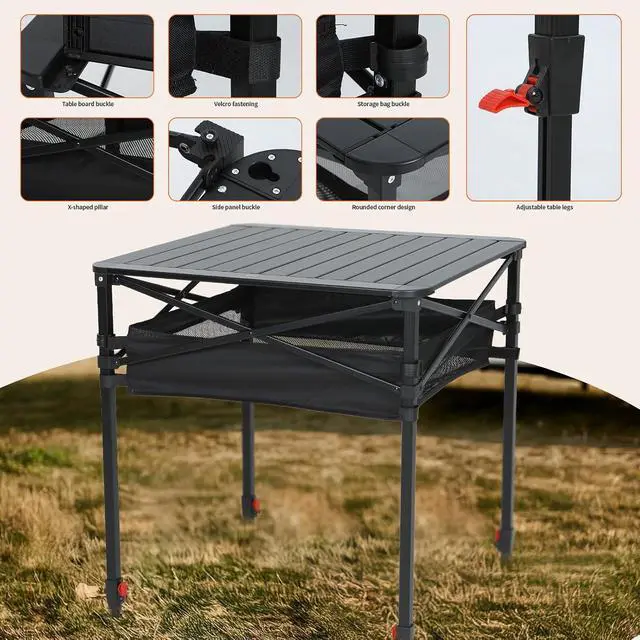 Alt view image 3 of 7 - Aluminum Square Side Table, Adjustable Height Folding Compact Camping Table, Lightweight Collapsible Table with Roll-up Tabletop, Carry Bag, for Outdoor, Picnic, backyards, BBQ (16'' Small)