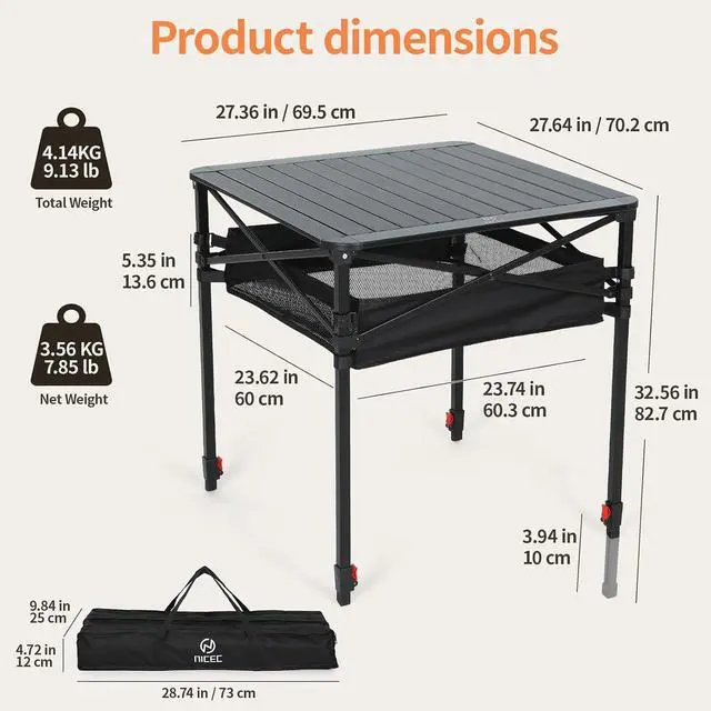 Alt view image 2 of 7 - Aluminum Square Side Table, Adjustable Height Folding Compact Camping Table, Lightweight Collapsible Table with Roll-up Tabletop, Carry Bag, for Outdoor, Picnic, backyards, BBQ (27'' Large)